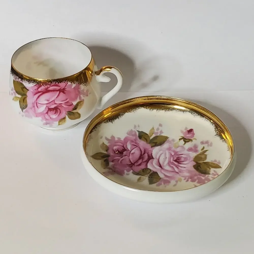Vintage Norchest Fine China  Pink rose and gold trim unique tea cup &saucer